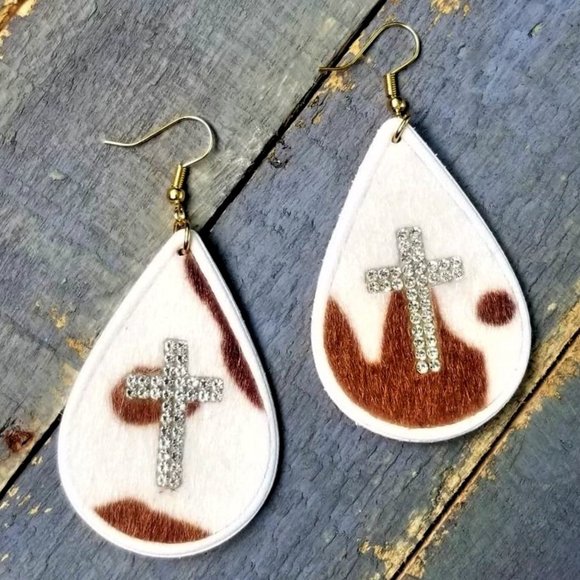 Earrings. Faux Cowhide. Rhinestone Cross. Pierced. NWT. - Picture 1 of 2